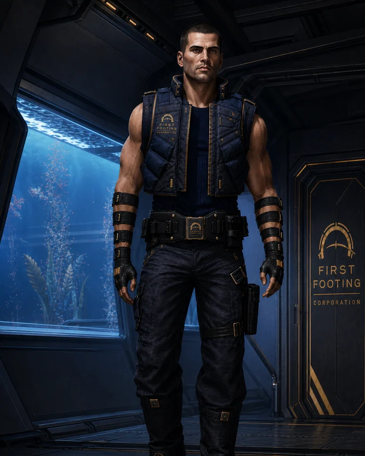 Clauydio, a very tall and heavily built Belter in dark ship armor