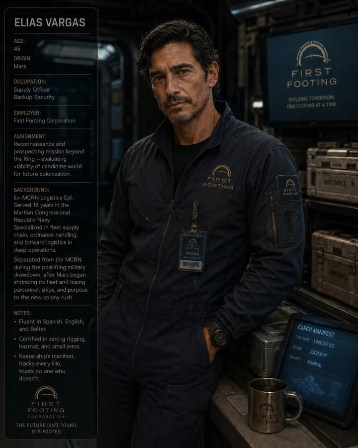 Elias in a First Footing cargo bay wearing a utility pressure suit
