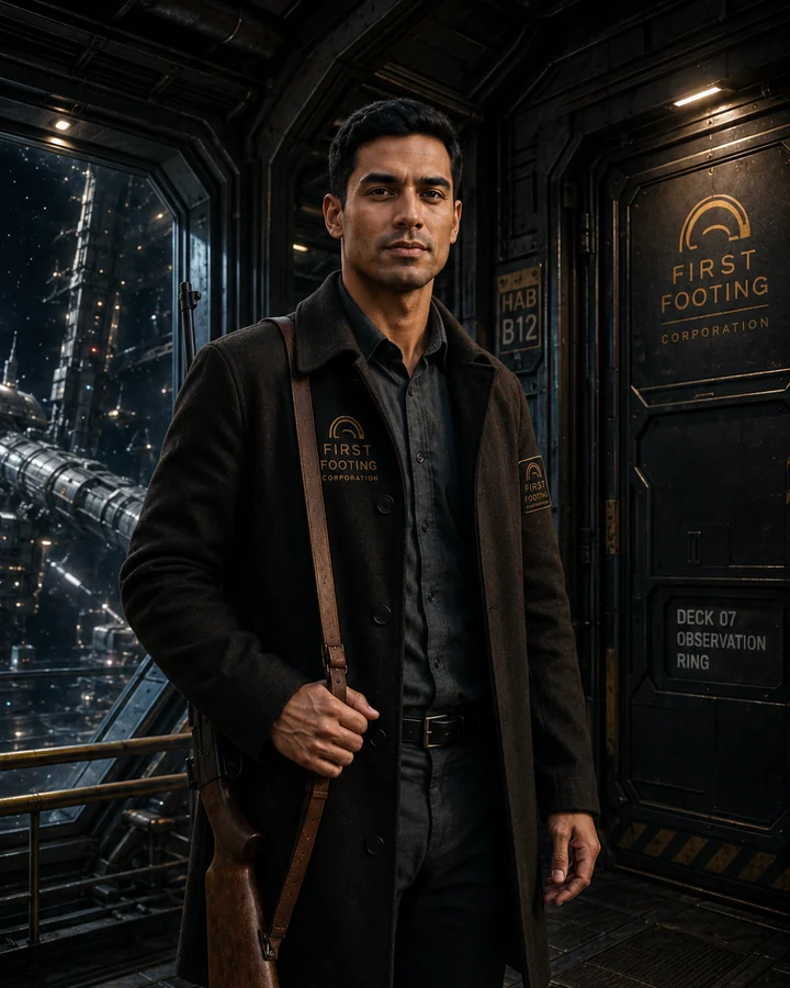 Jin at the controls of a compact spacecraft cockpit