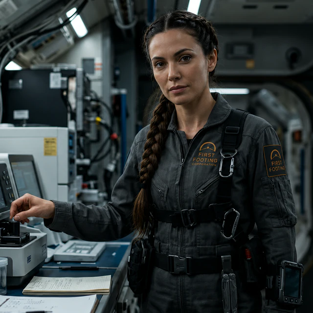 Kari in a shipboard laboratory wearing a dark First Footing field-science coverall