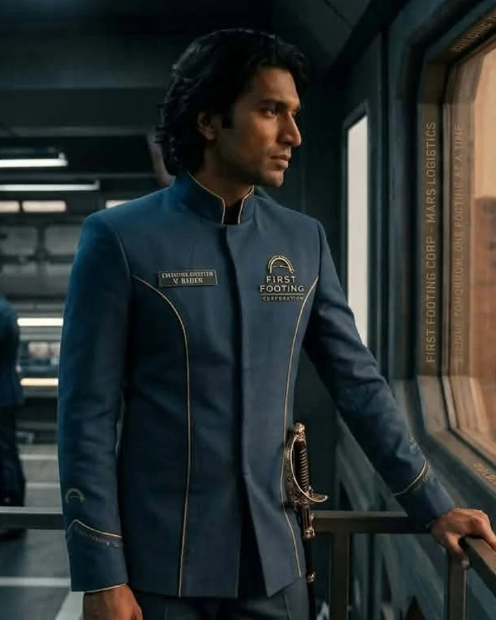 Victor in a dark First Footing uniform on a Martian logistics platform