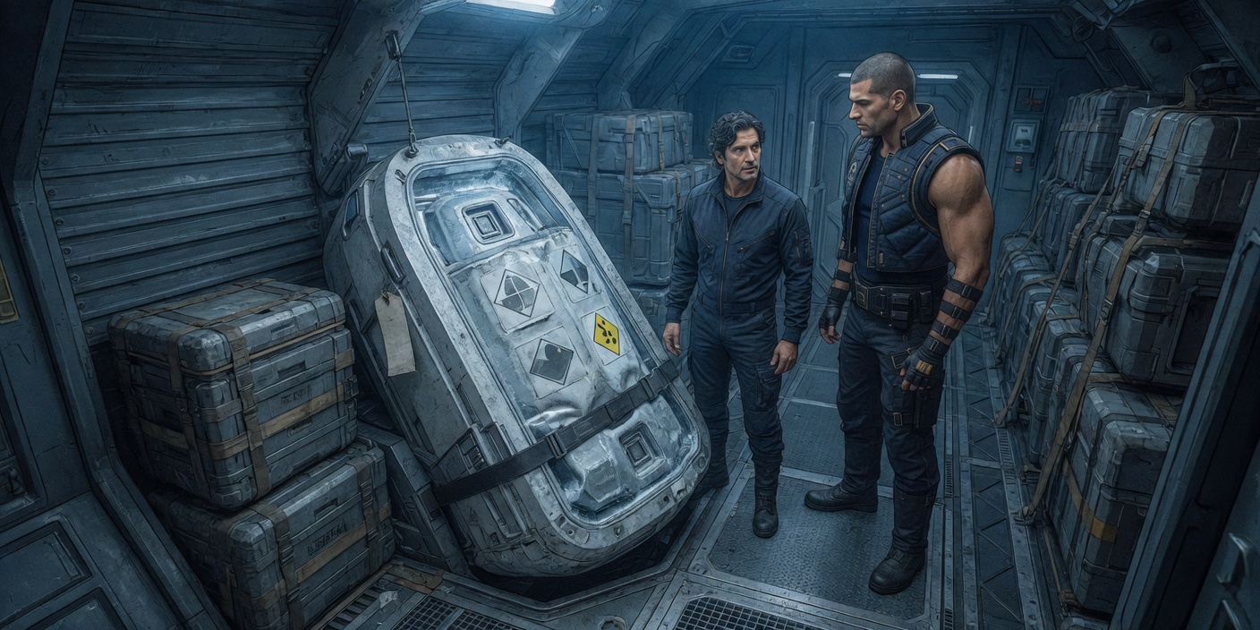 Elias and Clauydio face a frost-rimed cryogenic freight pod wedged upright among ordinary cargo; hazard labels and a dented side make it obviously misplaced but show no readable words