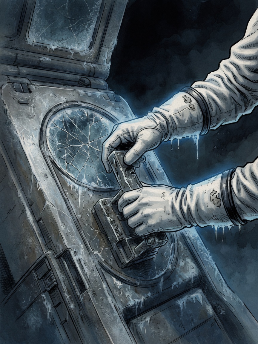 Kari's gloved hands bridge a damaged cryopod release while ice crazes across its inspection pane