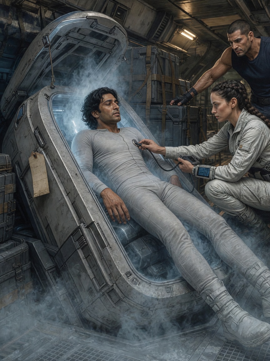 Clauydio catches Victor's weight while Kari watches his vitals and Elias unclips cargo straps