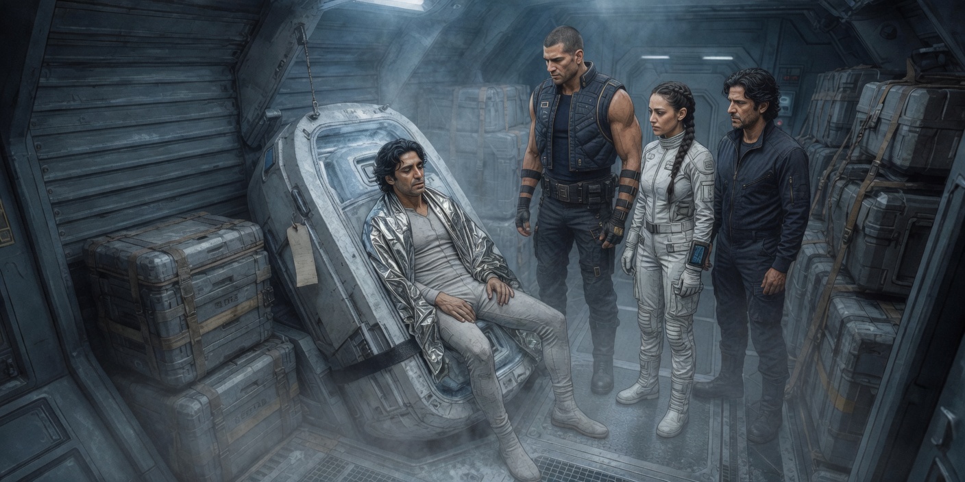 Victor sits wrapped in a thermal blanket on a cargo crate, meeting four crew members' exhausted stares while frost fog curls around their boots