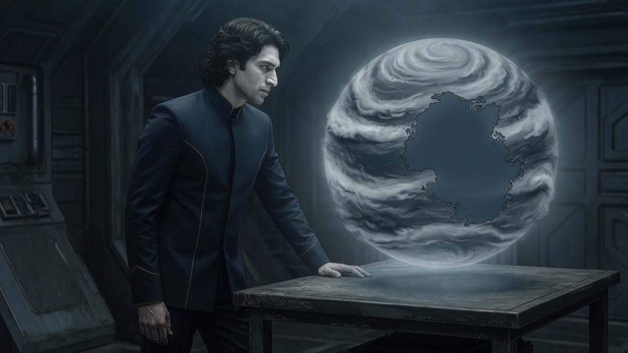 Victor braces one hand against the table while a holographic globe of Green Reach II hangs over the surface