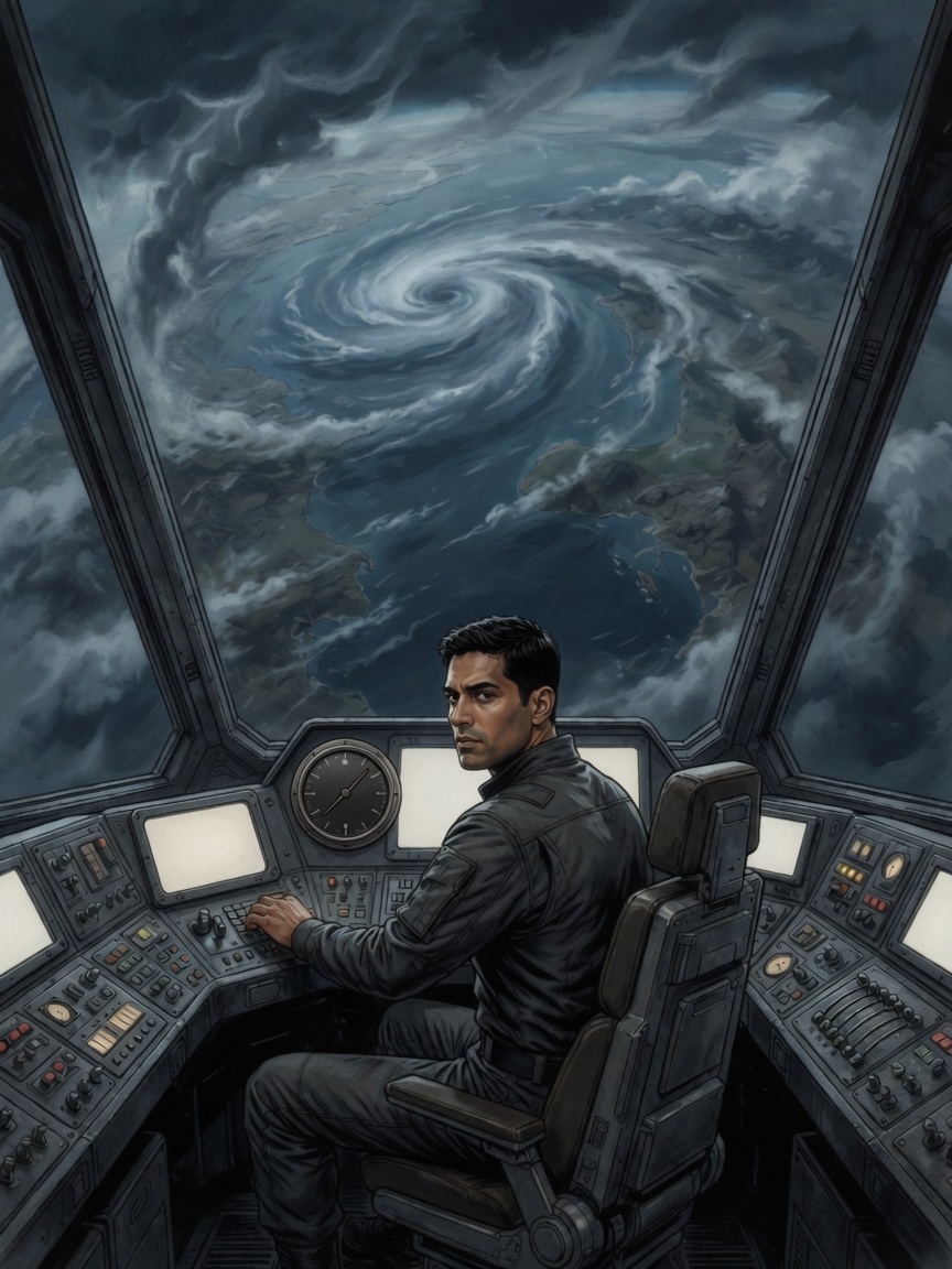 Jin sits centered at compact controls while Green Reach II fills the forward ports and storm bands swallow the chosen coast
