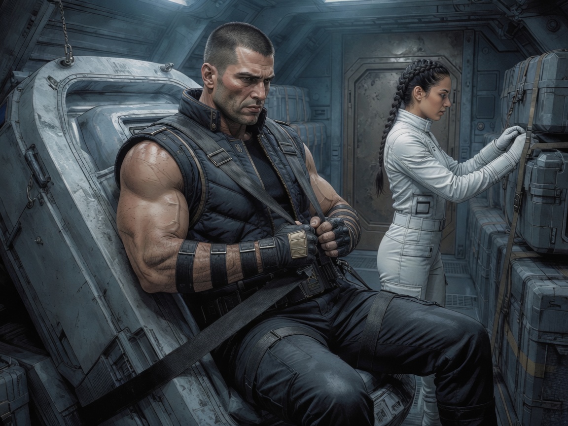 Clauydio cinches his couch straps across a massive frame while Kari secures sample cases behind him