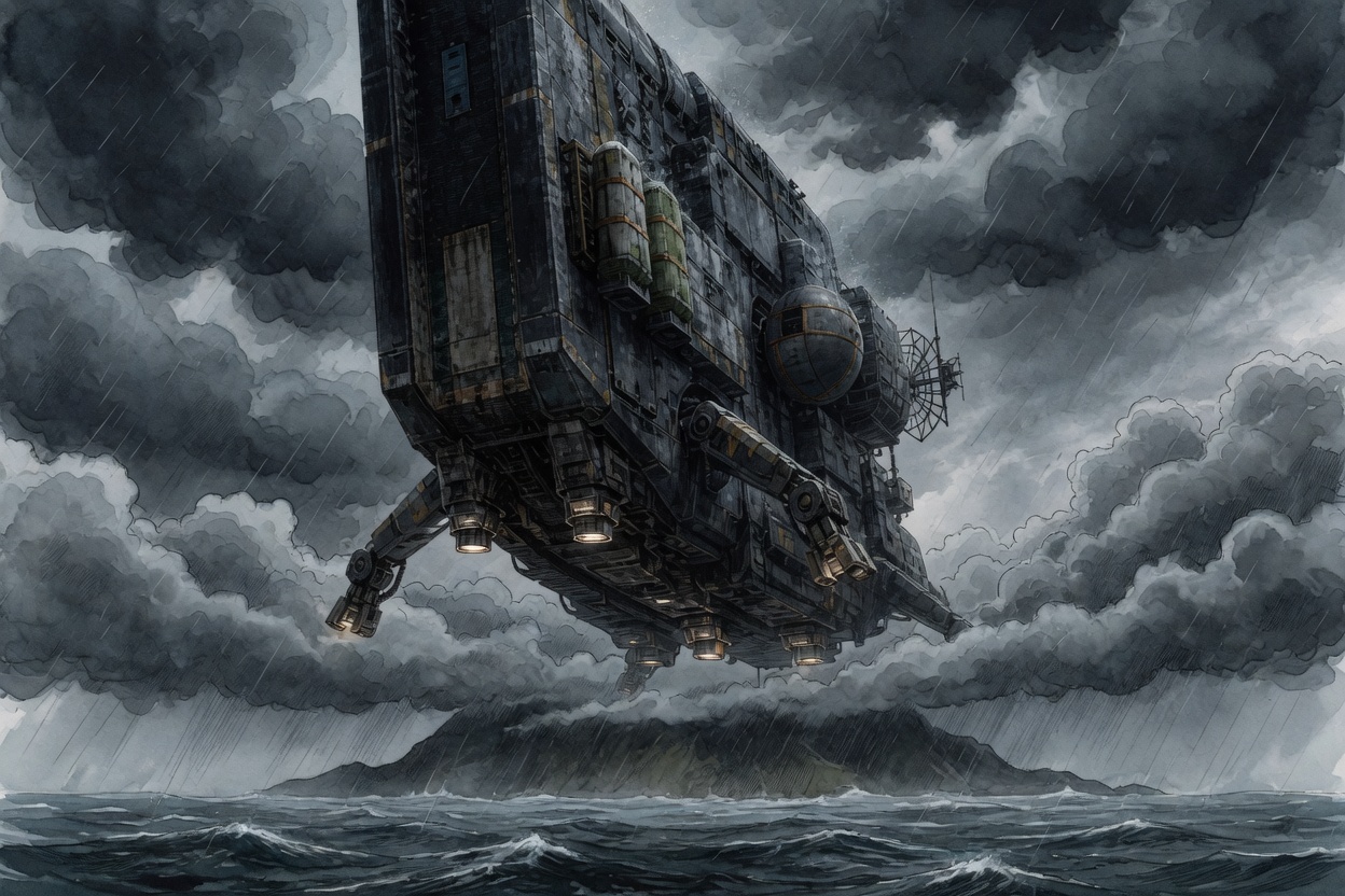 The Anne Bonny rotates for vertical descent above a slate ocean and a continent buried under layered gray weather