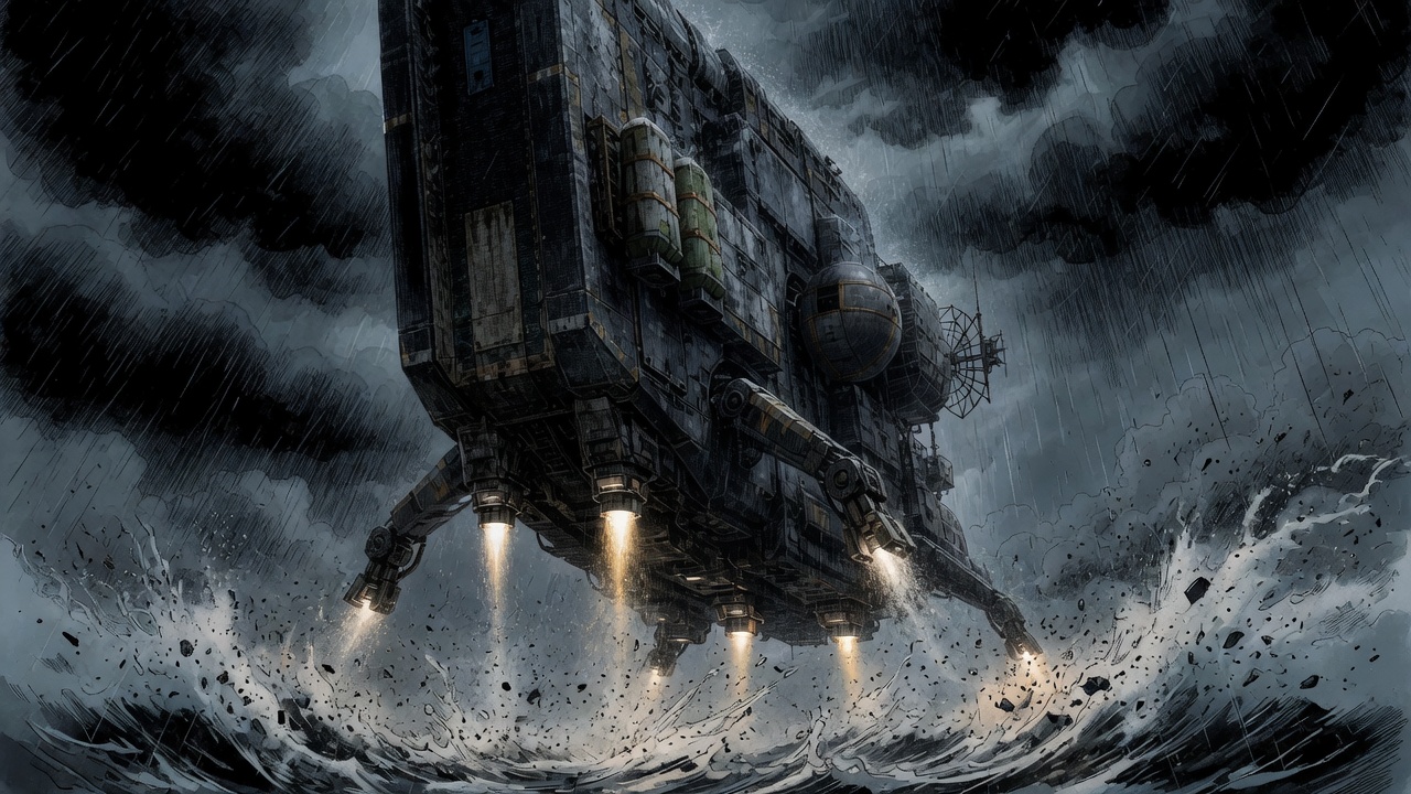 Anne Bonny descends vertically between black sheets of rain; landing lights illuminate only water and airborne grit