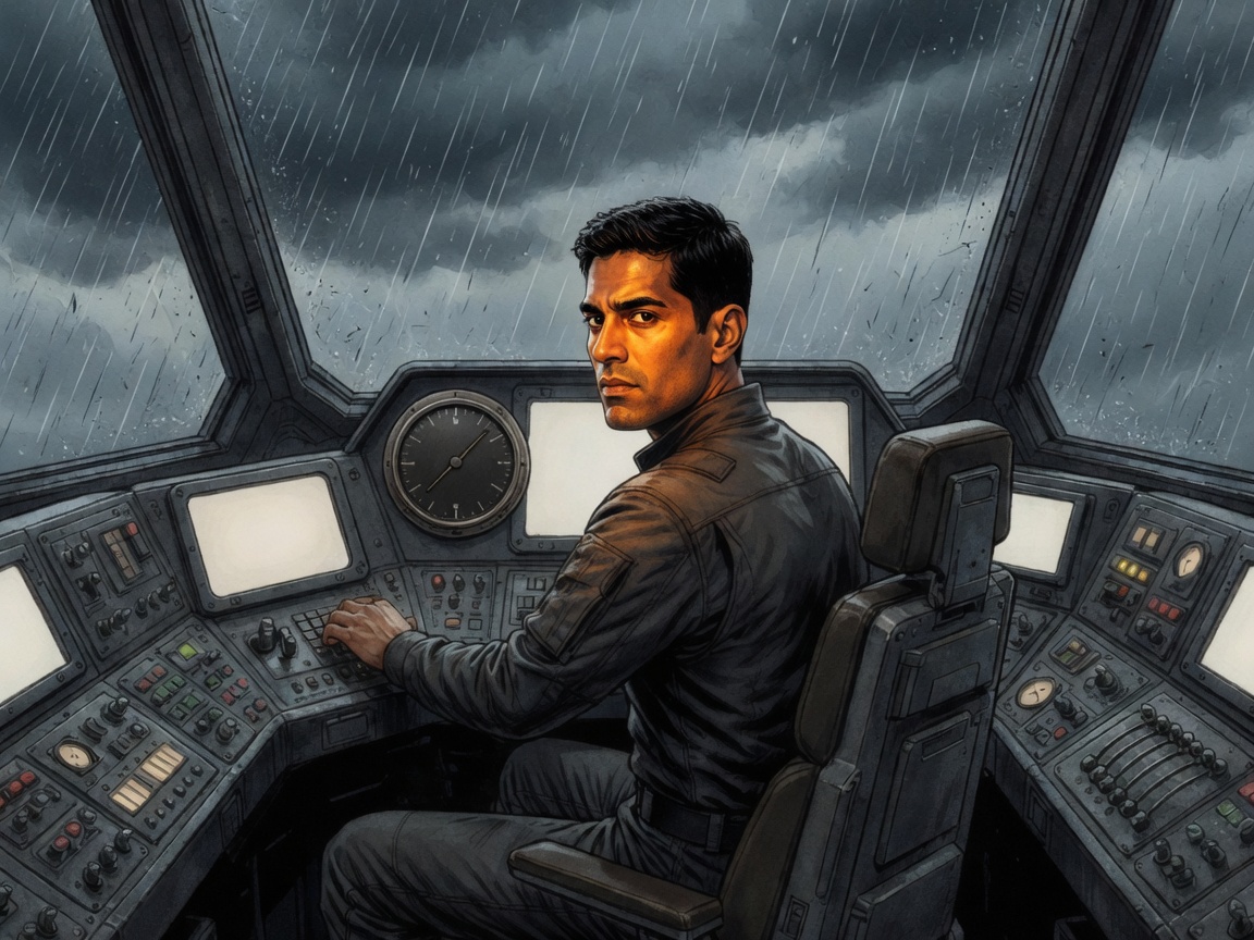 Jin works thrusters with restrained precision while warning light reflects across his face and rain crawls sideways over the ports