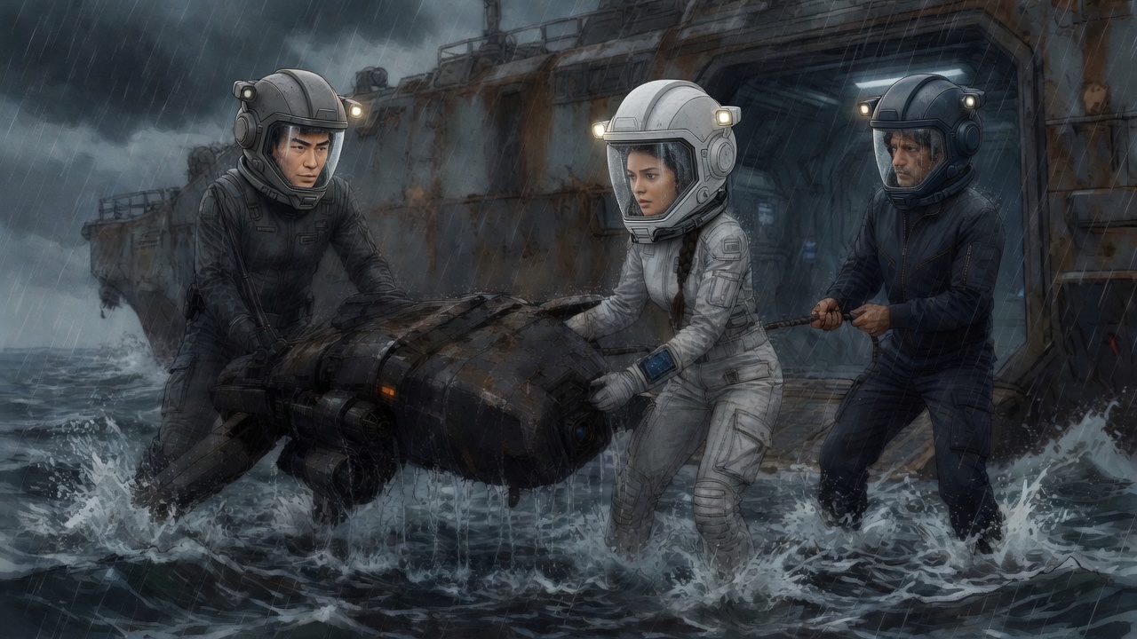 Jin and Kari haul the battered drone through knee-deep water while Elias holds a tether and runoff pours off every suit seam