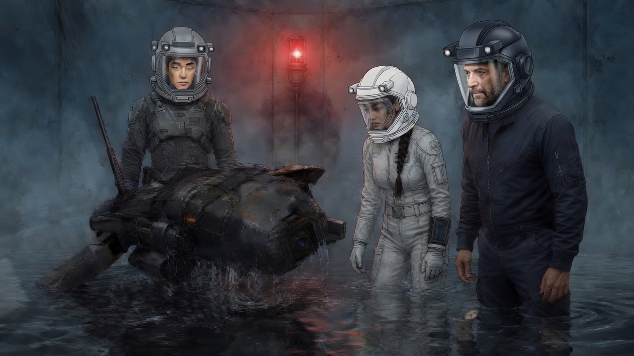 The three stand ankle-deep in a flooded airlock around the dripping drone as the red emergency light steadies