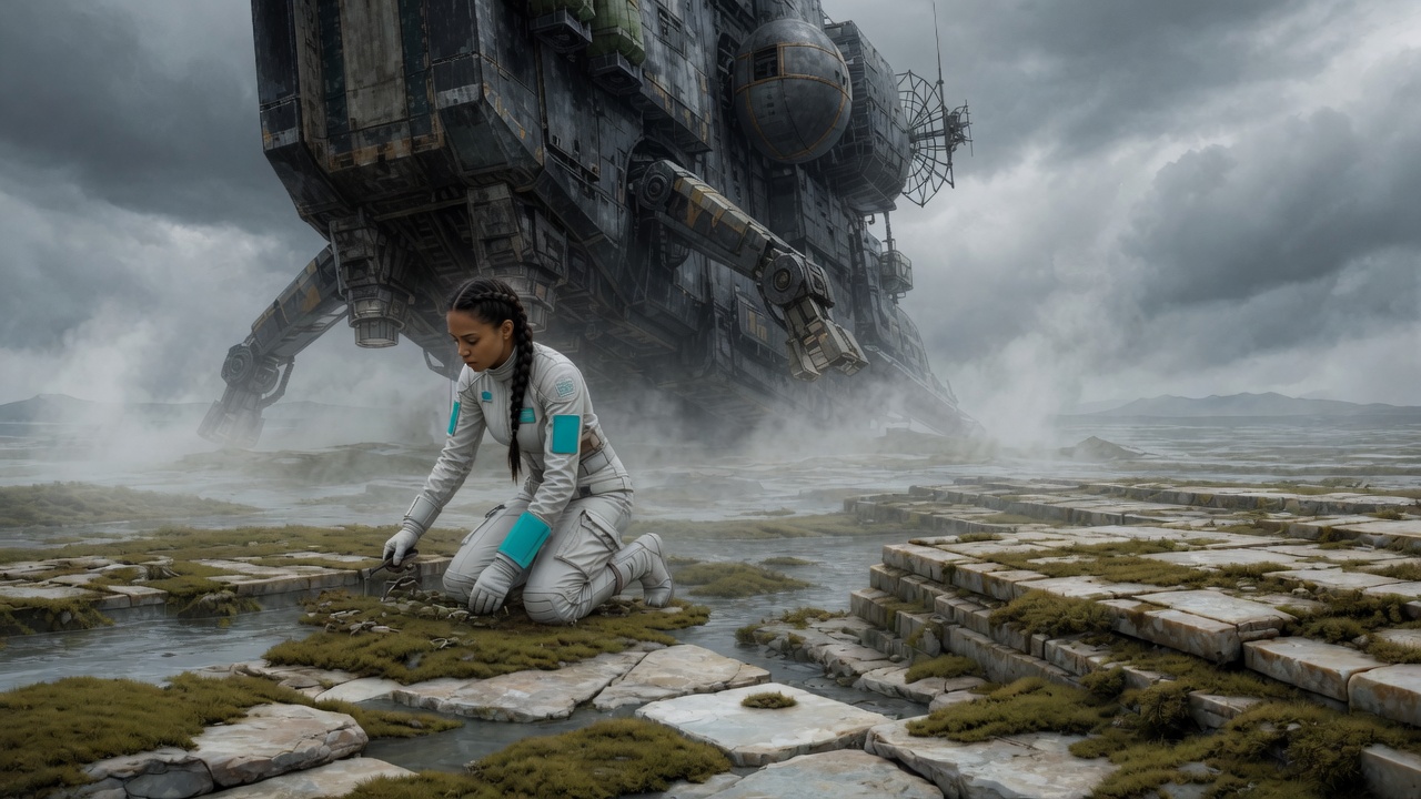 Kari kneels in the ship's lee among olive moss, shallow water, and unnaturally square mineral slabs while steam-like ammonia haze hangs low