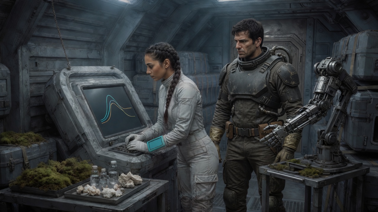 Kari studies a compact analyzer while Bob watches from beside an unfinished exoframe arm; sample trays show moss, water, and mineral fragments