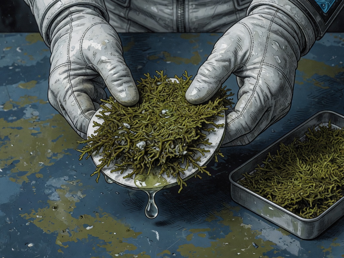 Kari presses a damp olive moss sheet between filters while a clean bead of water forms beneath and an untouched sample sits beside it