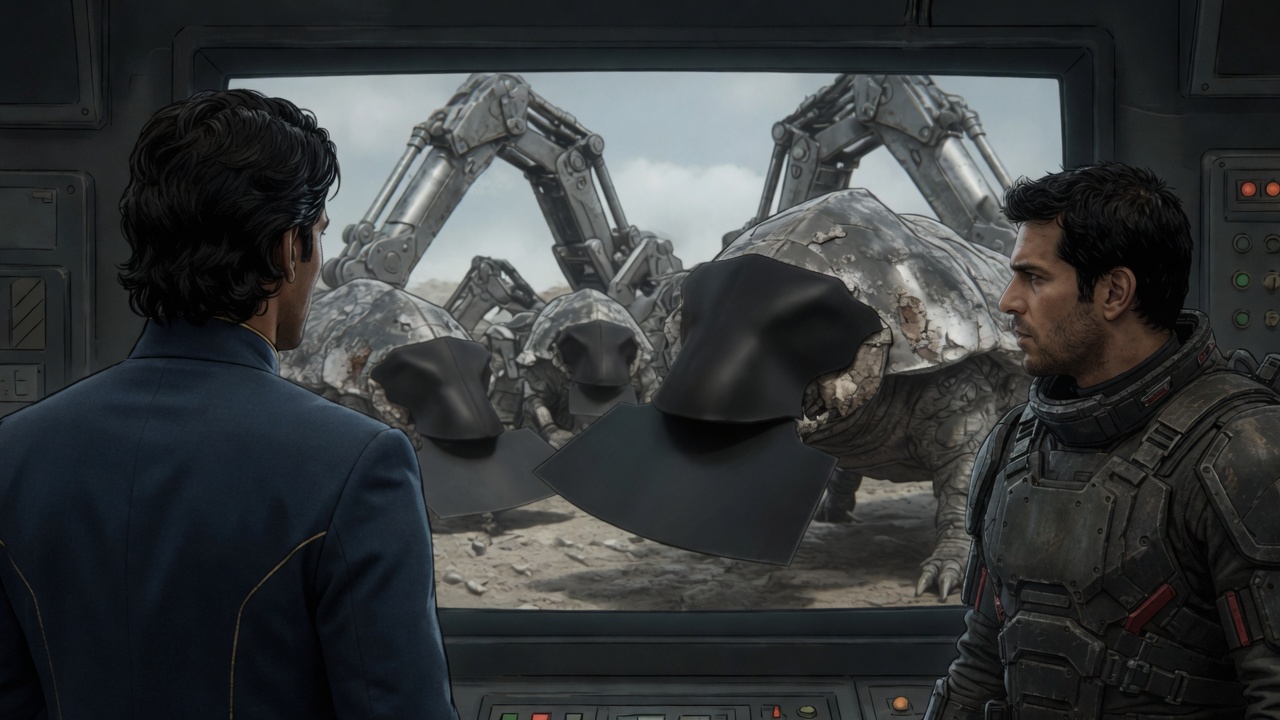 Victor and Bob see broad armored backs crowding the camera, scale and landing hardware distorting size until a shovel face crosses close