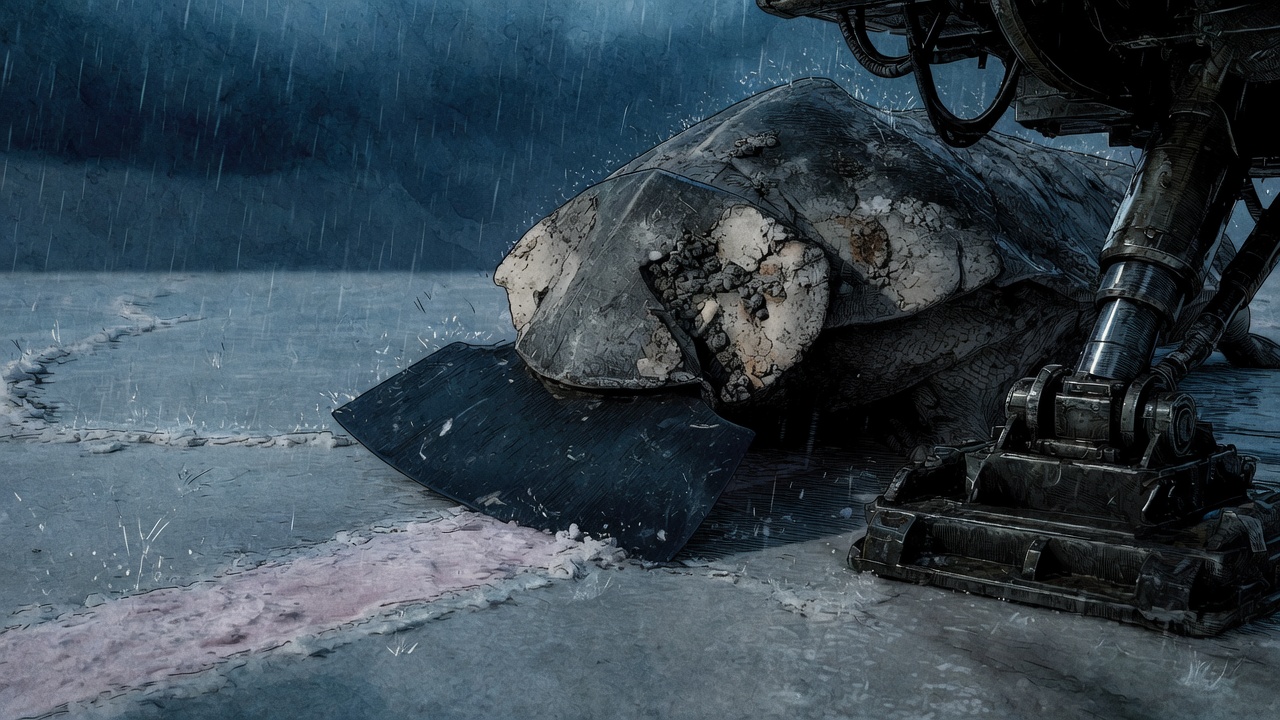 A crust plow drives its broad black facial plate across mineral scale beside a landing foot, leaving a clean wet stripe