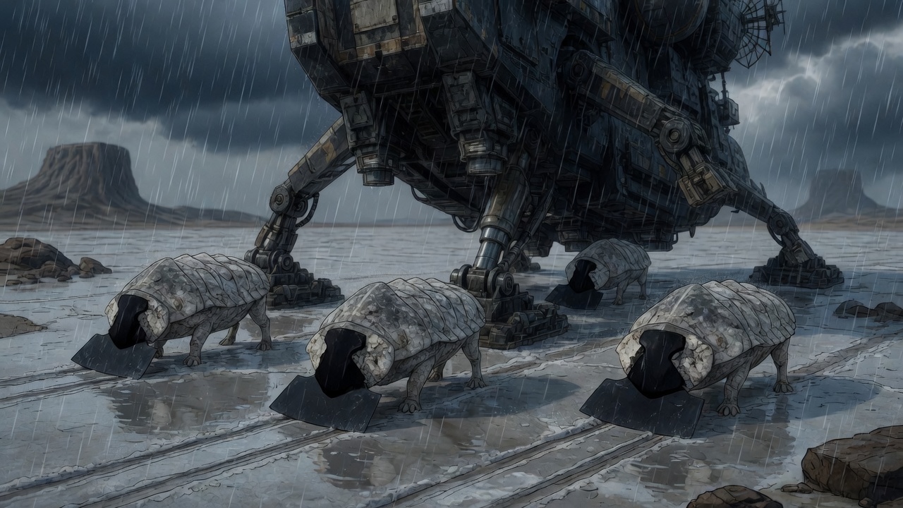 Four crust plows graze independently among the outriggers, each following its own straight clean track while the herd remains loosely grouped