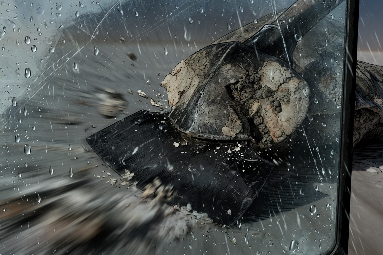 The black shovel edge fills frame as a crust plow mouths mineral scale from the camera housing and jolts the image sideways