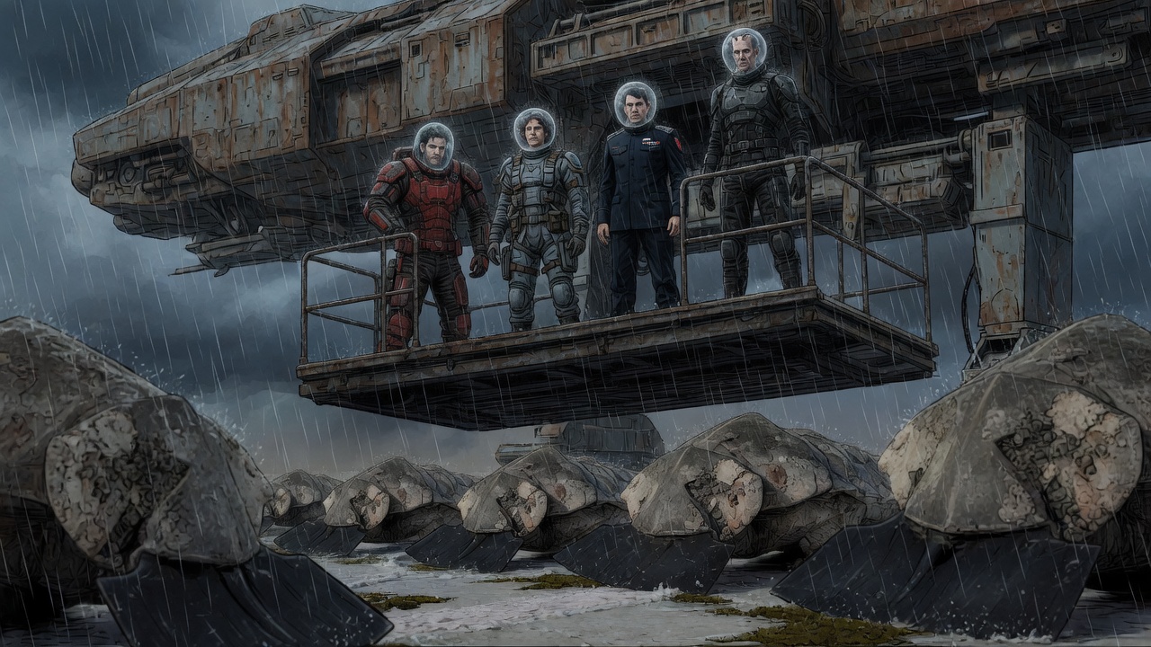 Bob, Elias, Victor, and Clauydio ride down in sealed suits while the crust-plow herd grazes among landing struts below