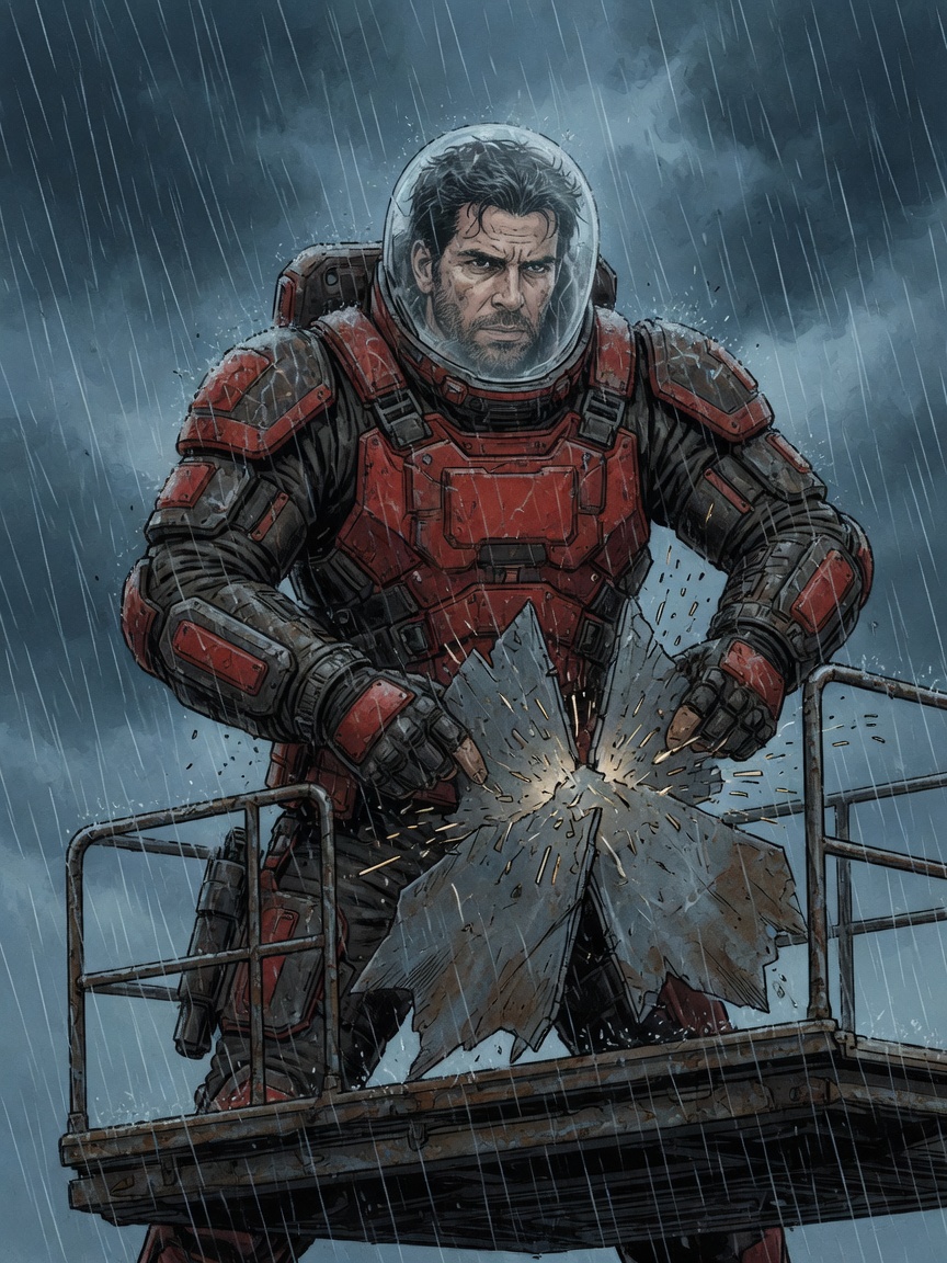 Bob strikes two pieces of metal together with his mechanical suit arm, producing a hard vibration through the lift