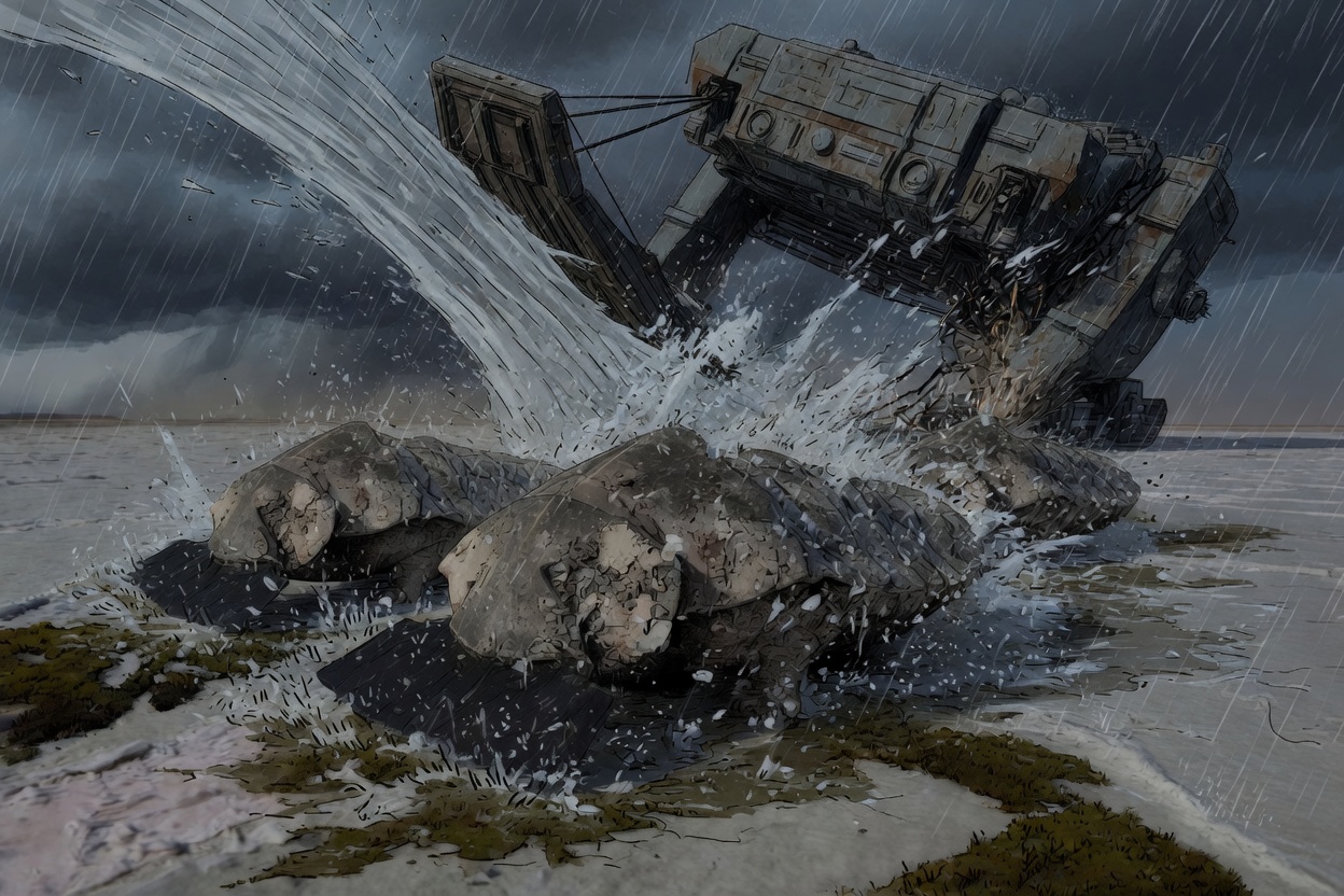 Two startled crust plows bolt through the nearest open lane, one shoulder slamming a landing strut as the Anne Bonny visibly tilts and the cargo lift whips sideways