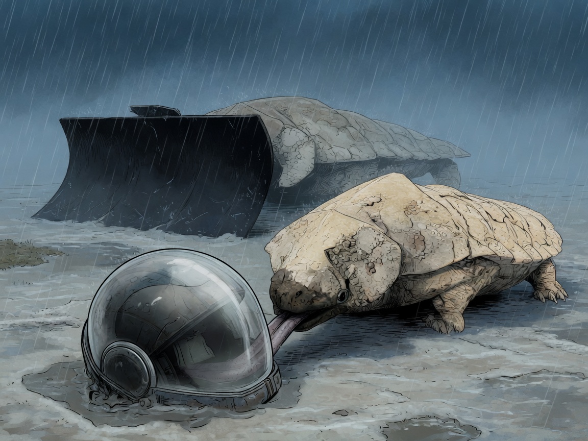 A pale turtle-pangolin kindler reaches up and calmly licks a fallen helmet while the last black shovel-faced crust plow recedes in the background