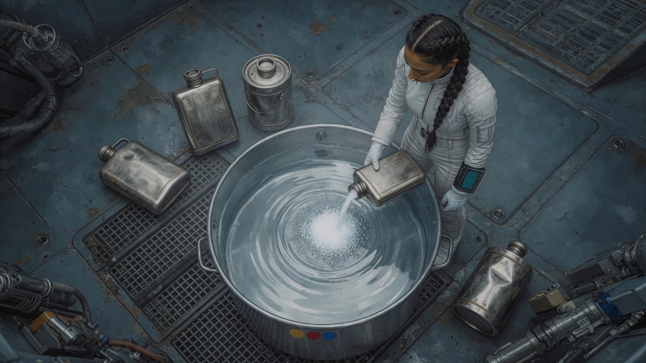 Kari measures acid, salt, base, alcohol, and water into a marked industrial mixing tank while handwritten symbols remain abstract and unreadable