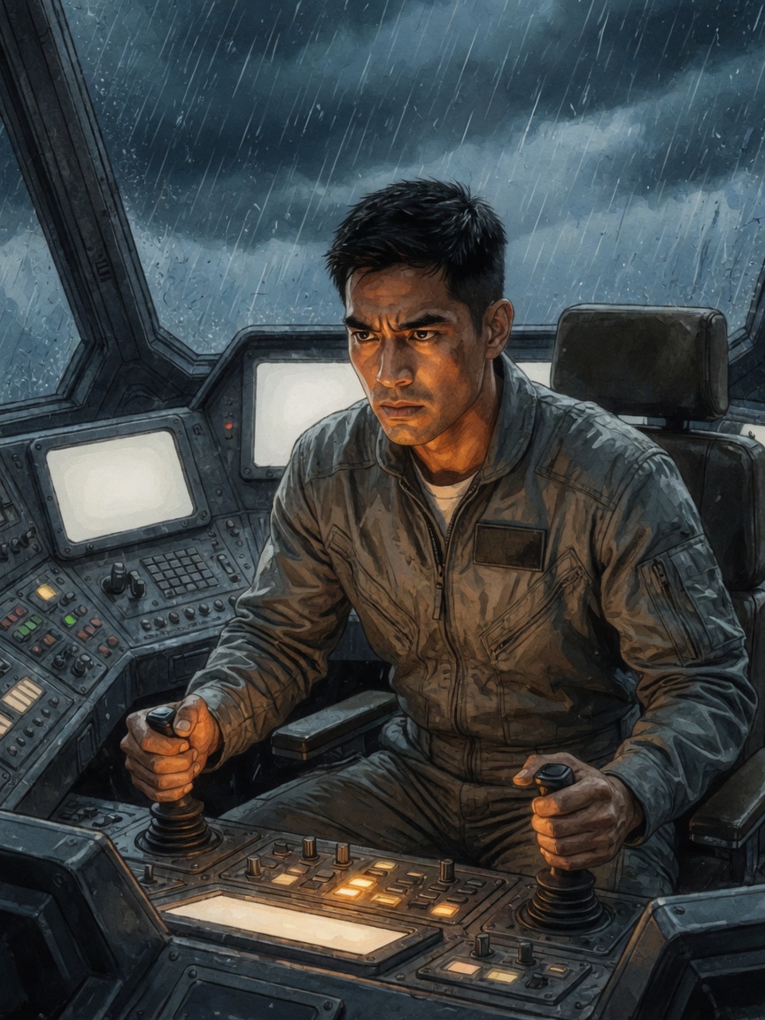 Jin pilots the repaired drone from a portable console, eyes locked on the flight path through rain haze