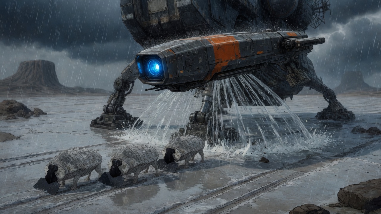 The drone sprays a controlled fan across landing struts and pale ground; mineral scale visibly loosens while black shovel-faced crust plows turn away along an untreated escape lane