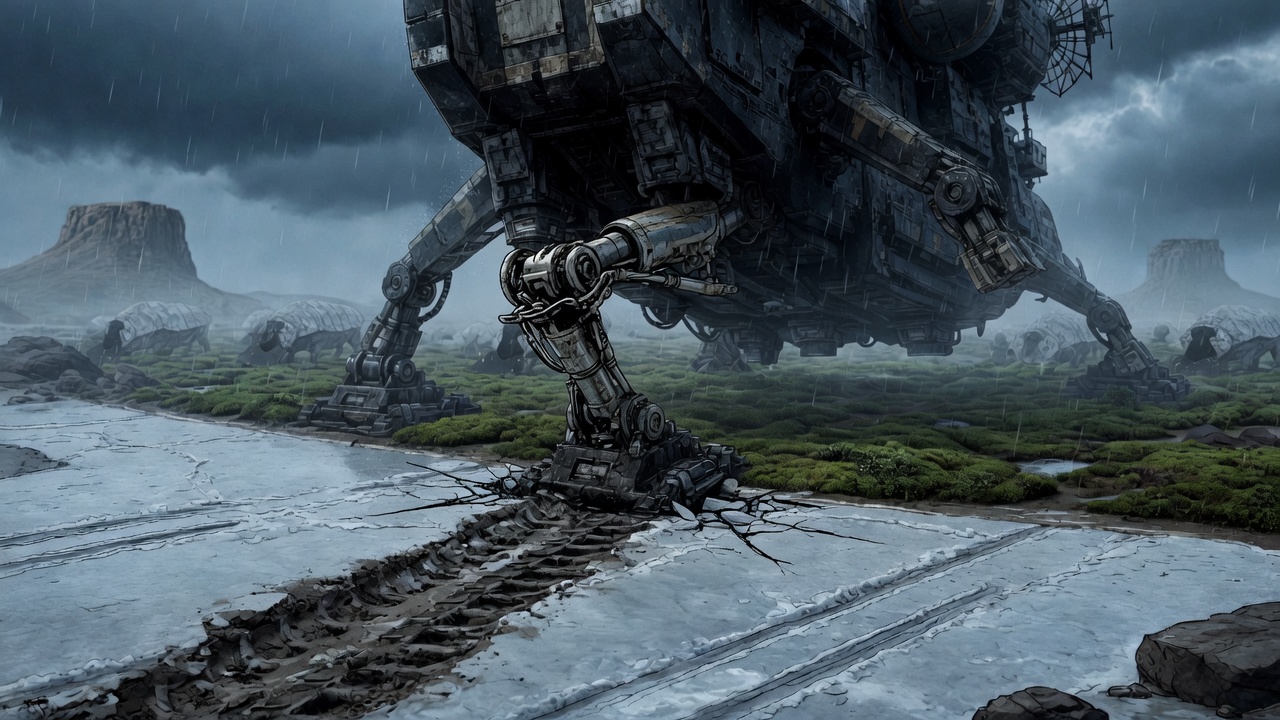 The herd recedes through moss beyond a clean perimeter while the bent landing strut and scraped tracks remain in foreground