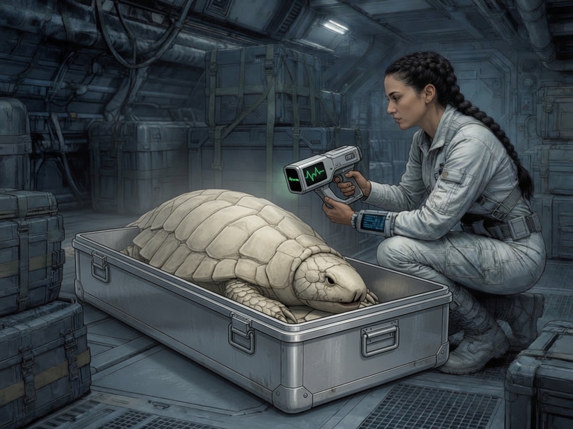 Donatello sits lethargic in a clean sample tote inside the ship while Kari scans it and the pale dorsal plates lie flat