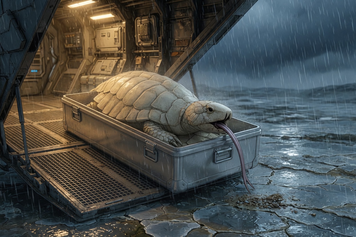 As the tote crosses into outside air, Donatello lifts its head and a forked tongue tests wet mineral crust