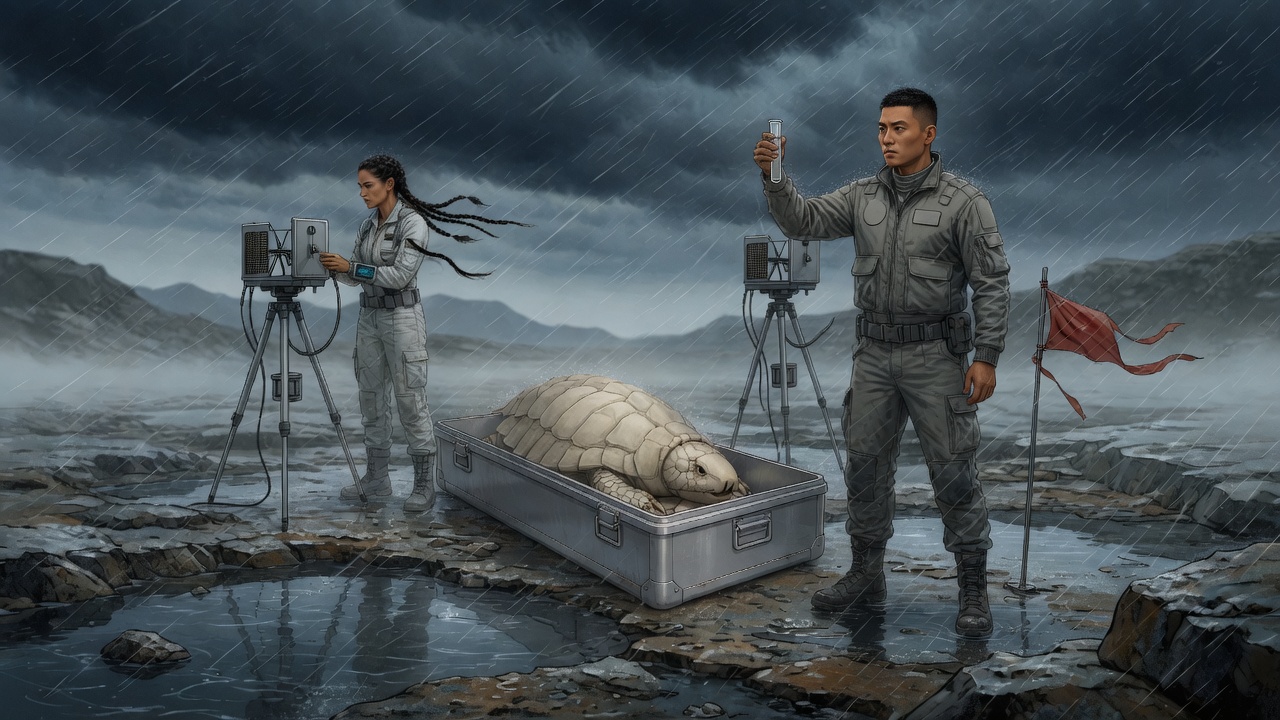 Jin holds a clean sampling tube downwind of Donatello while Kari compares it with a second station farther away
