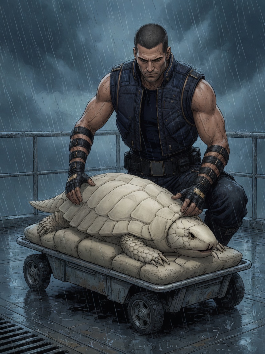 Clauydio fastens a padded survey-cart cradle around Donatello's lower shell while leaving every dorsal vent uncovered and the blunt head facing away from the crew