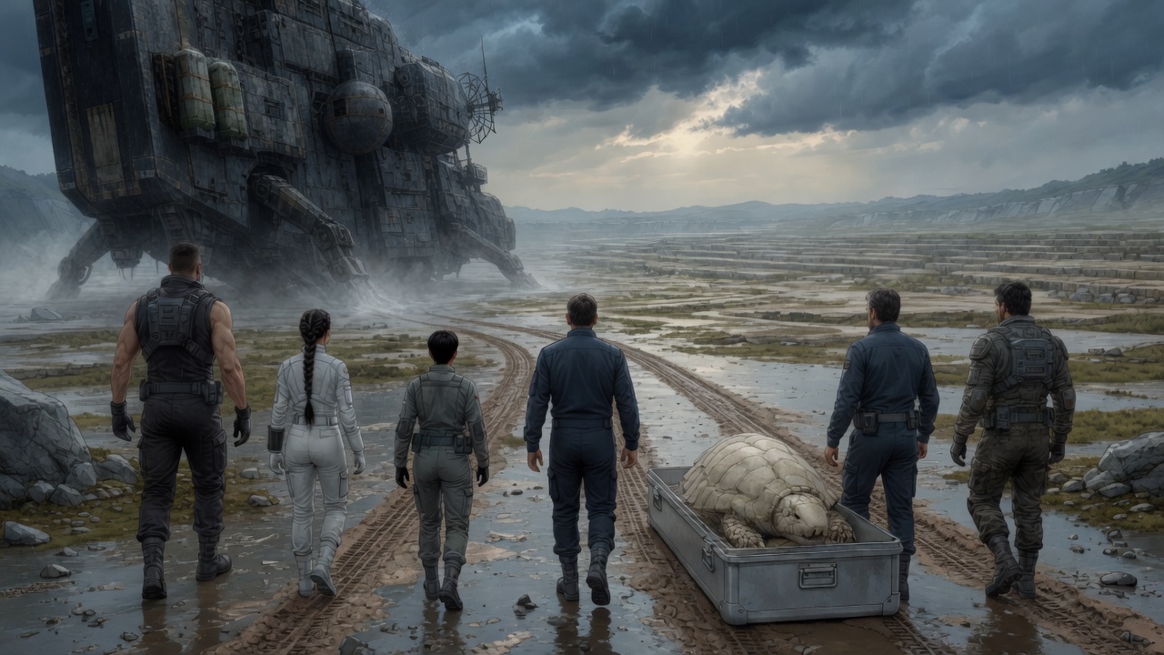 All six crew move from Anne Bonny into immense wet Quarry Terrace with Donatello riding the sample cart; clean crust-plow tracks lead toward square composite slabs beneath a clearing storm