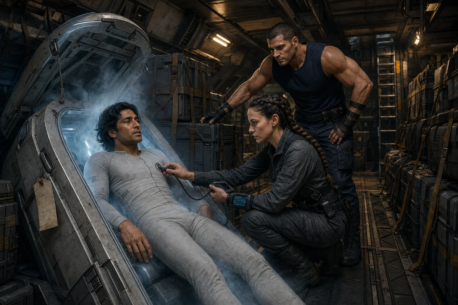 Kari opens Victor's cryopod while Clauydio watches from the cramped cargo bay