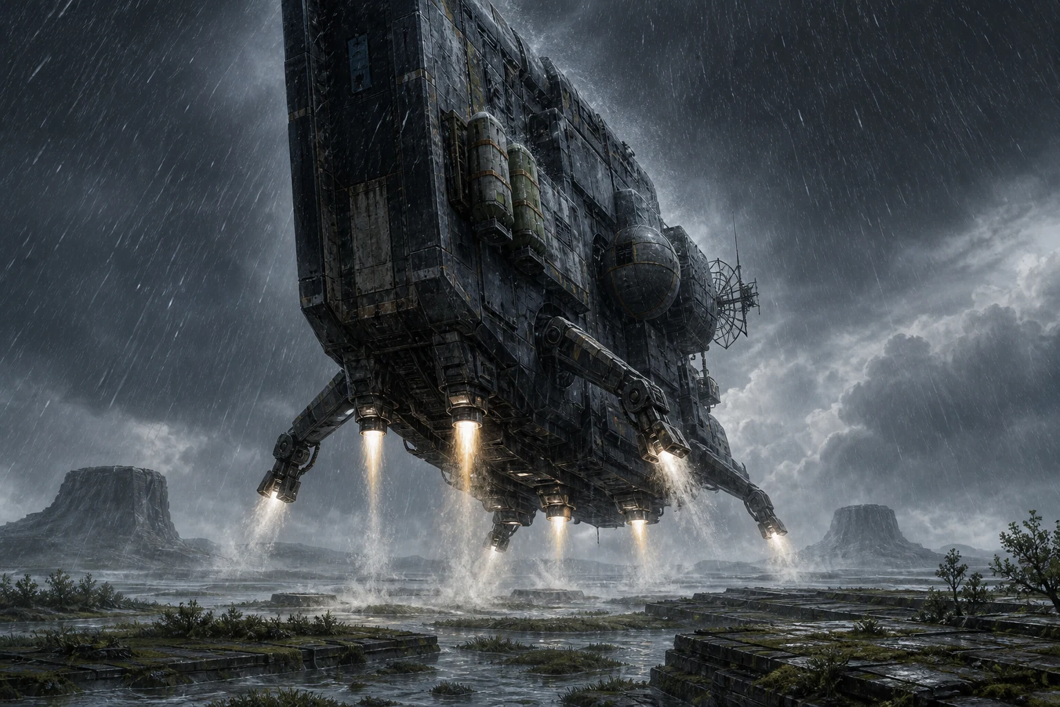 The Anne Bonny descends vertically toward Quarry Terrace through violent gray rain