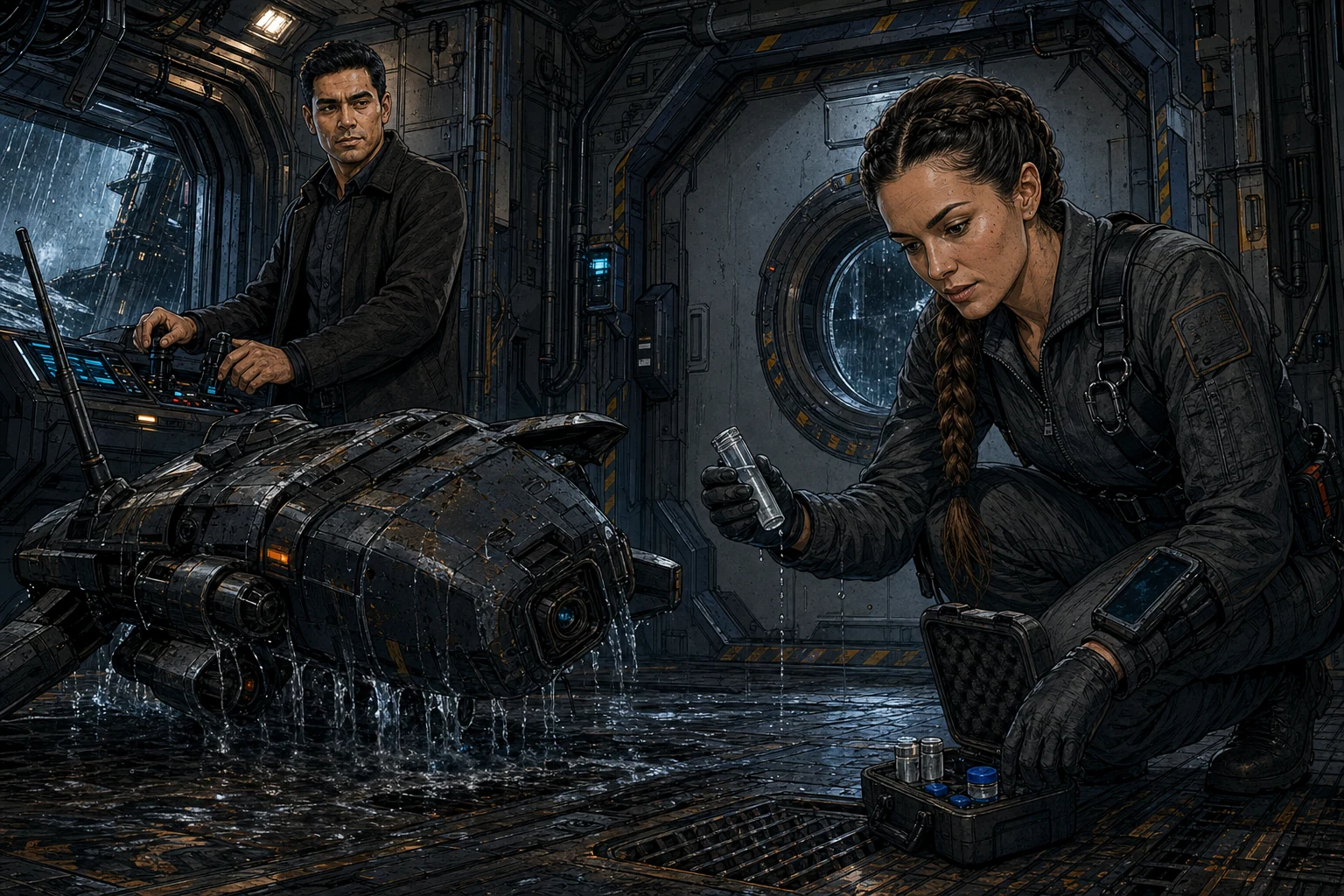 Jin and Kari haul a storm-battered survey drone into a flooded airlock