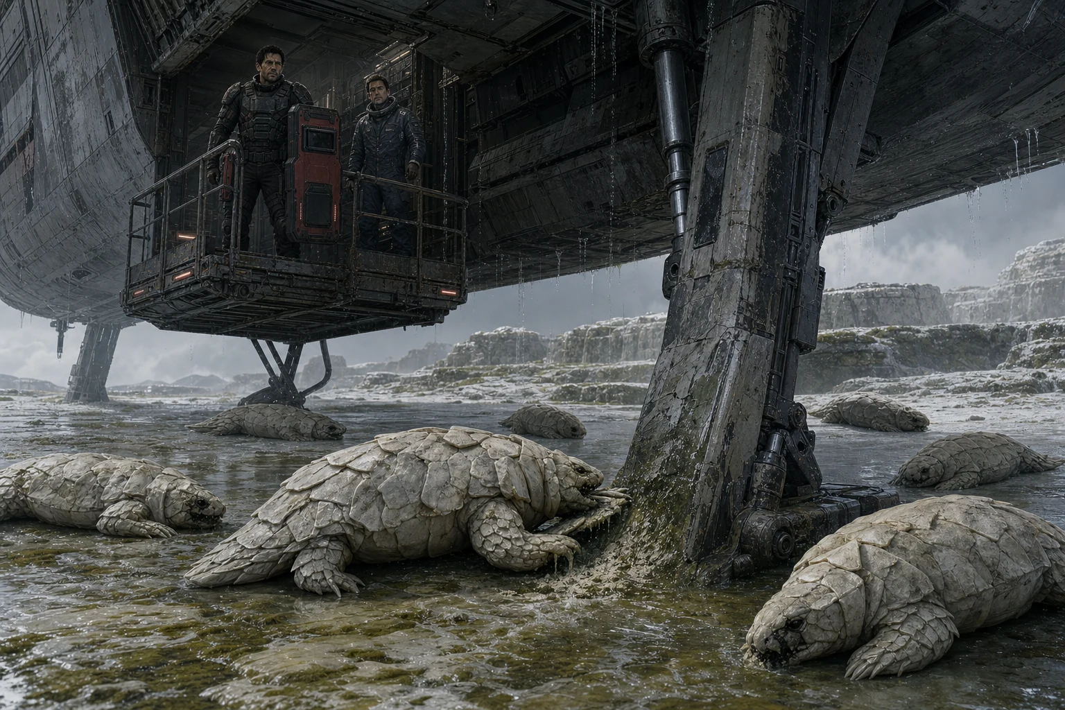Large shovel-faced animals scrape mineral scale from the Anne Bonny's landing gear