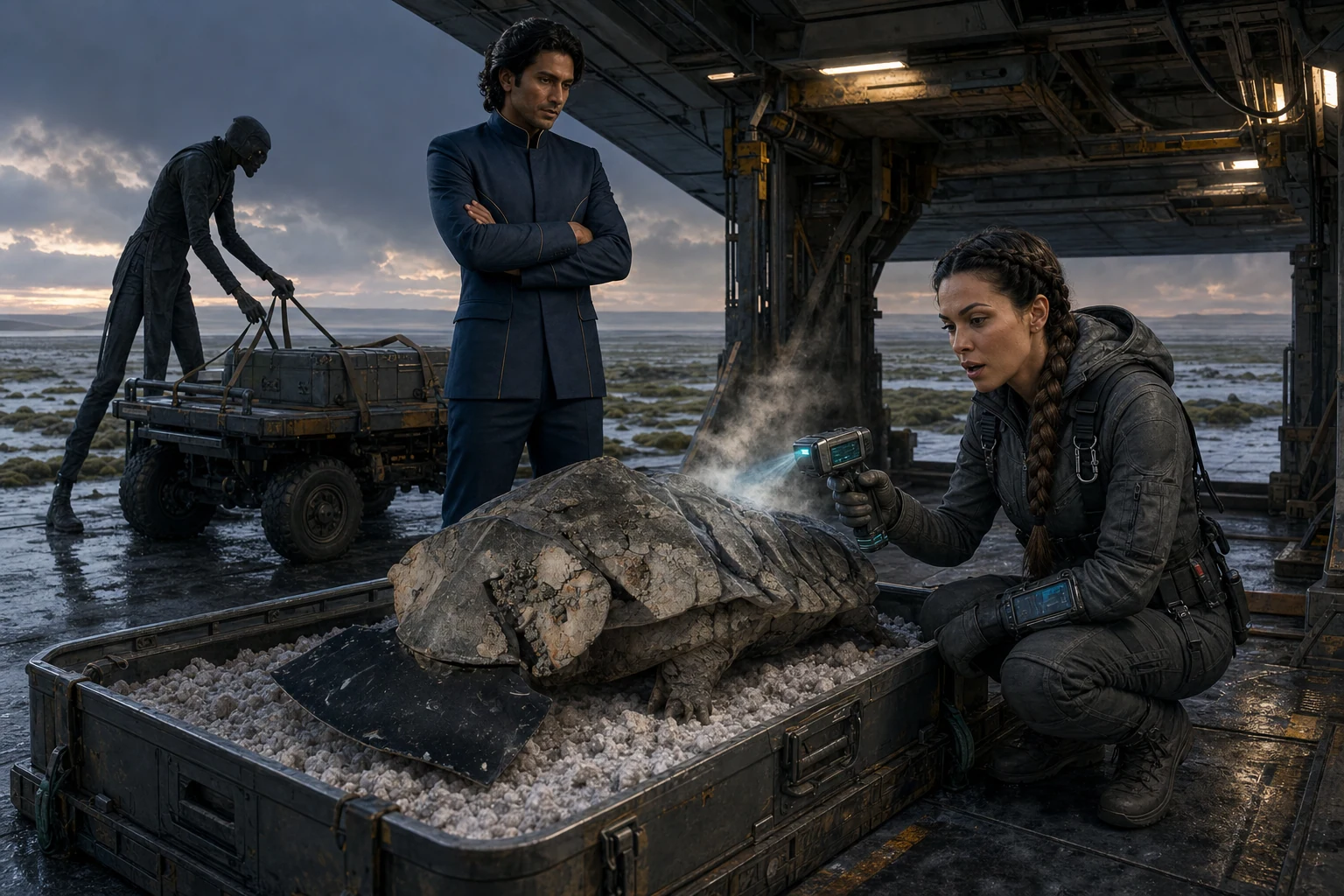 Kari scans a turtle-like alien venting oxygen while Victor and Clauydio secure its survey cart