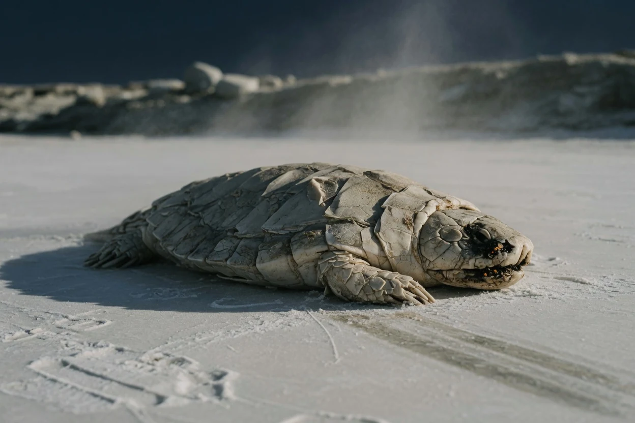 Field reference photograph of a turtle-like stone-armored animal on a pale mineral flat