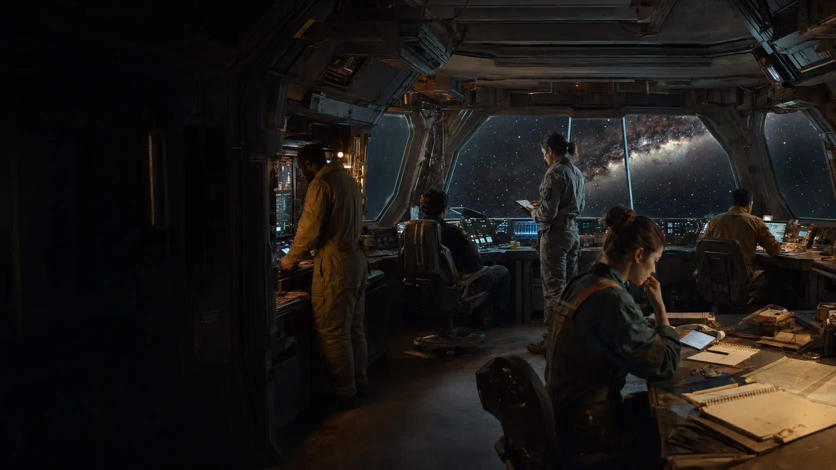 A civilian light-freighter crew working at flight, sensor, engineering, and planetary-survey stations